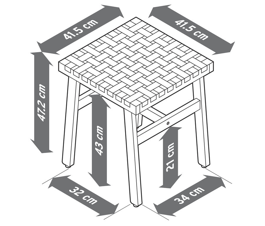 Ilustracja stołka z plecionką i wymiarami.