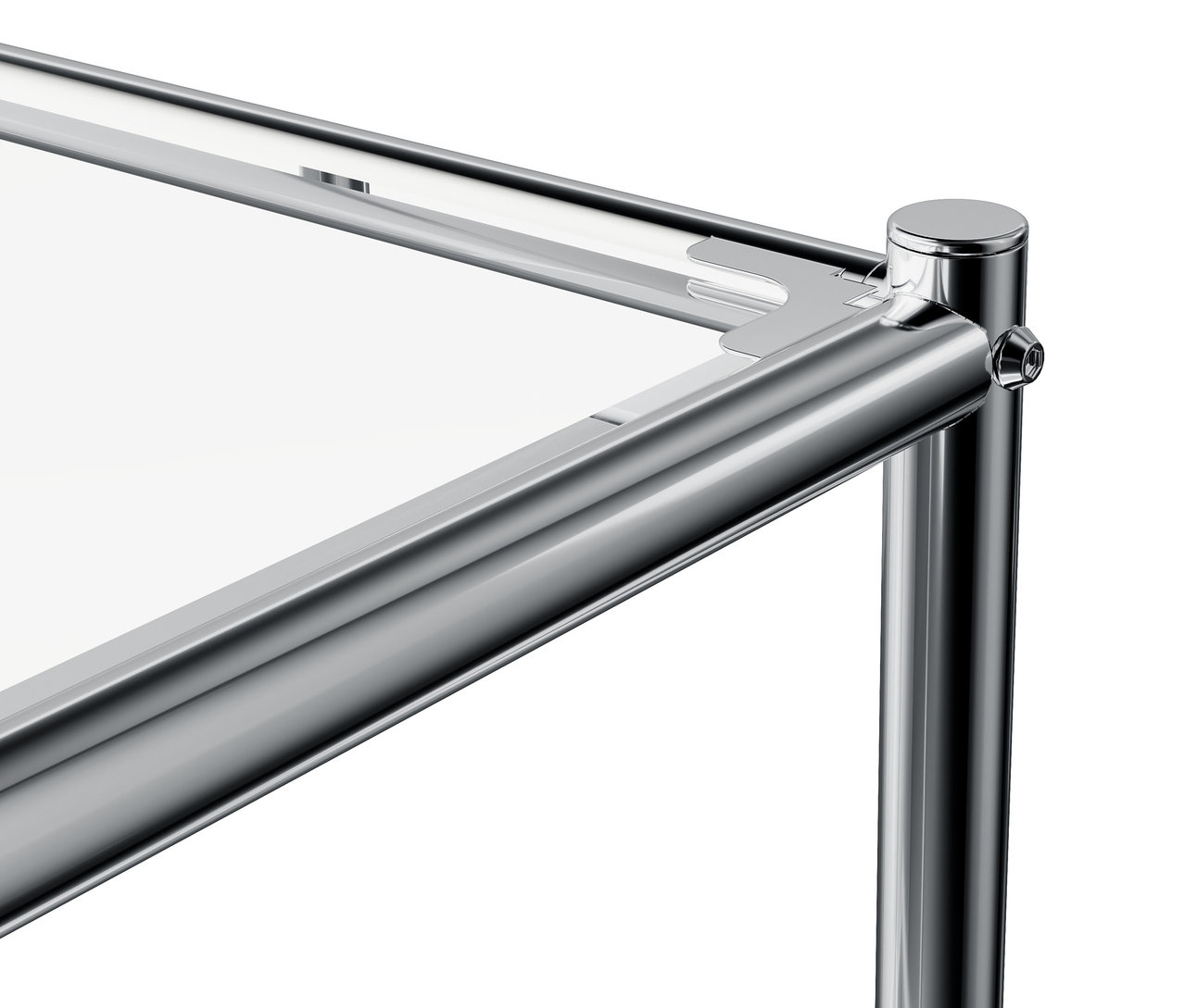 Szczegół chromowanej metalowej ramy z białym blatem.