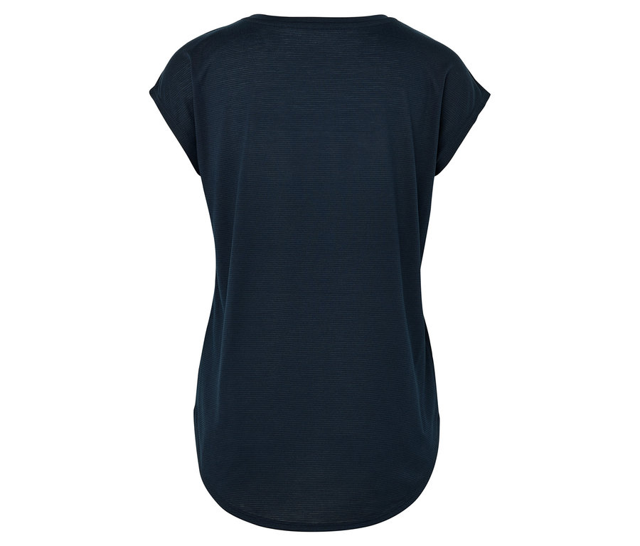 Widok z tyłu ciemnoniebieskiej koszulki z krótkim rękawem.