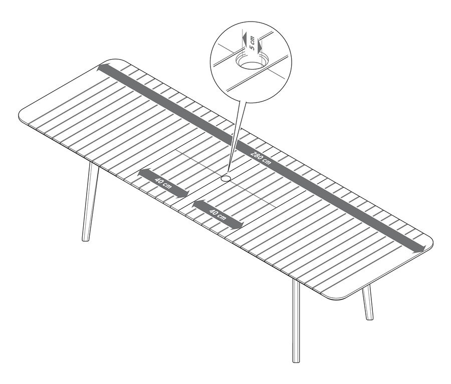 Schemat podwójnie rozkładanego stołu z drewna tekowego z zaznaczonymi wymiarami.