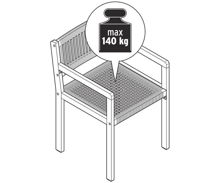 Ilustracja krzesła z plecionką tekstylną o maksymalnej nośności 140 kg.