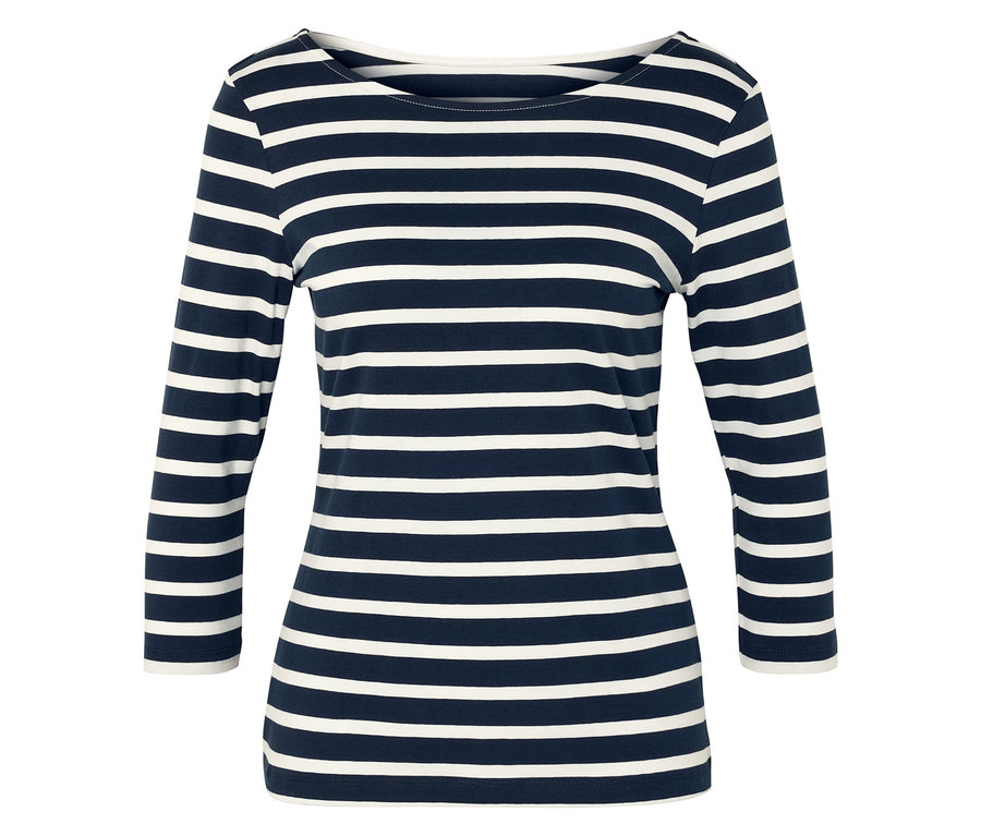 Bluzka w paski biało-niebieskie z rękawem trzy czwarte.