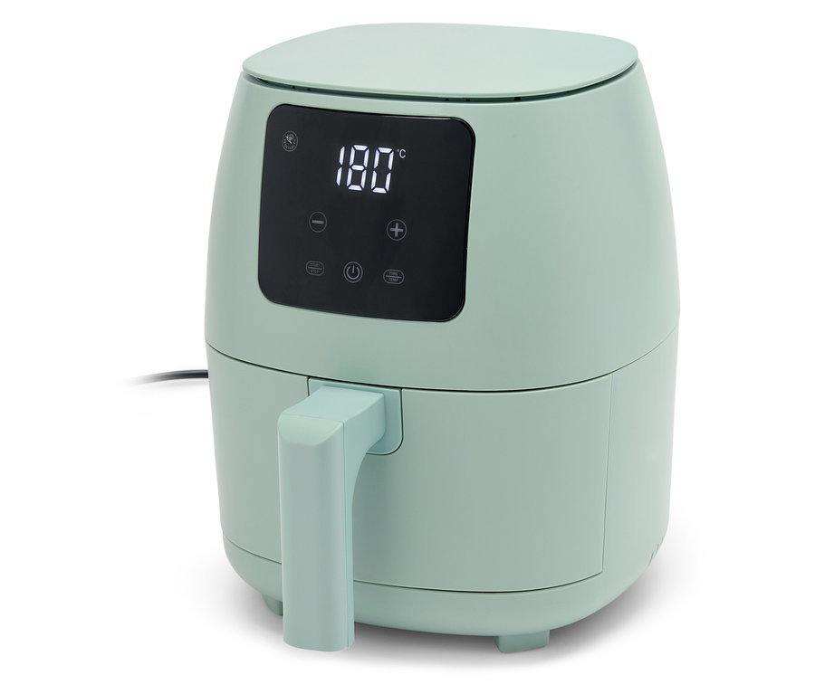 Jasnozielona frytownica beztłuszczowa z cyfrowym wyświetlaczem pokazującym 180 stopni.