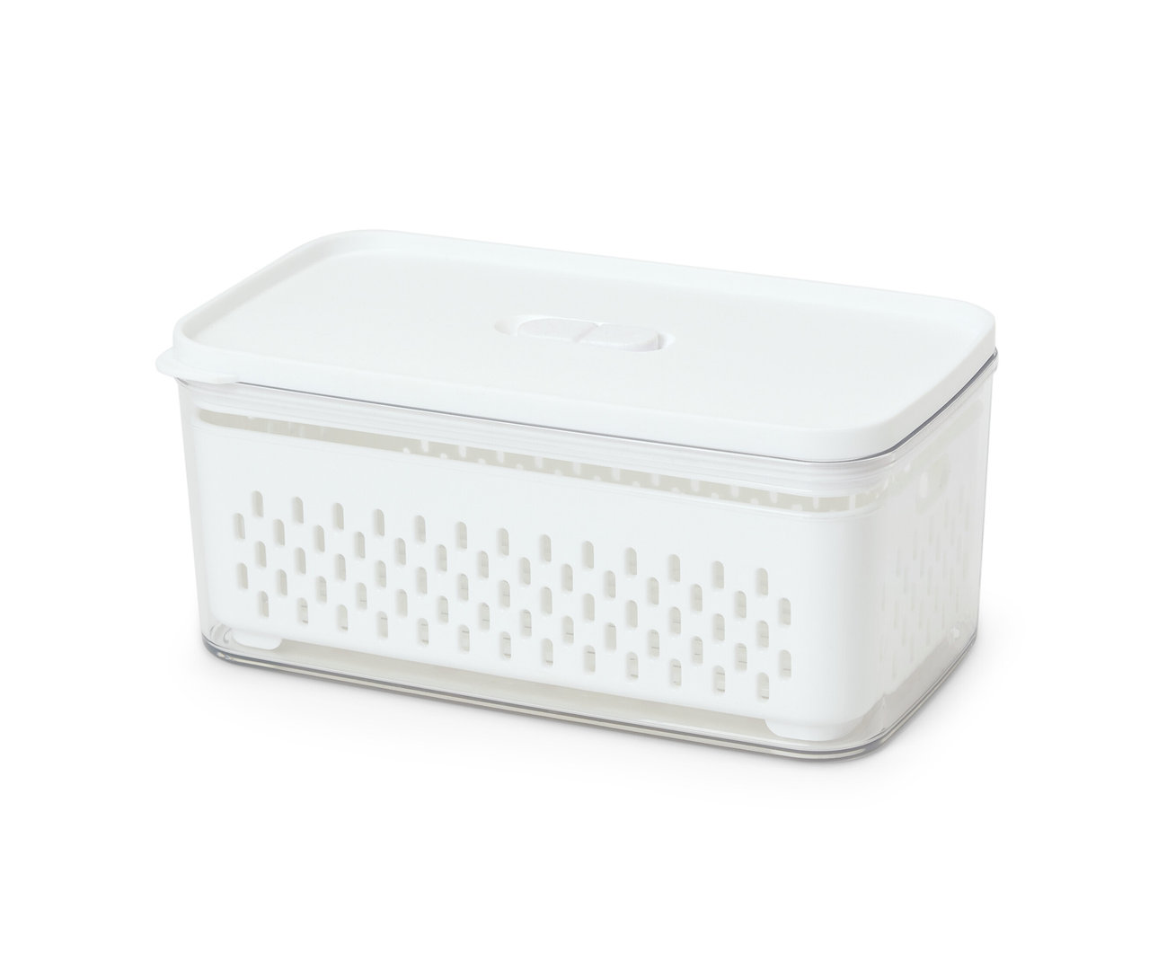 Biały pojemnik spożywczy z sitkiem.