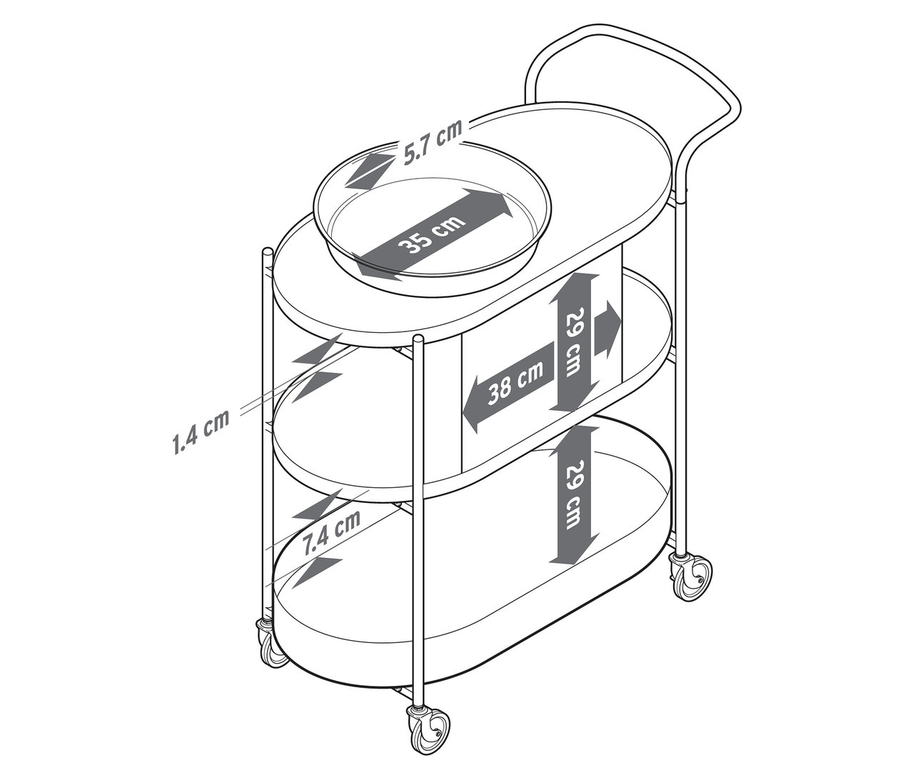 Ilustracja wózka kuchennego z tacą i wymiarami.