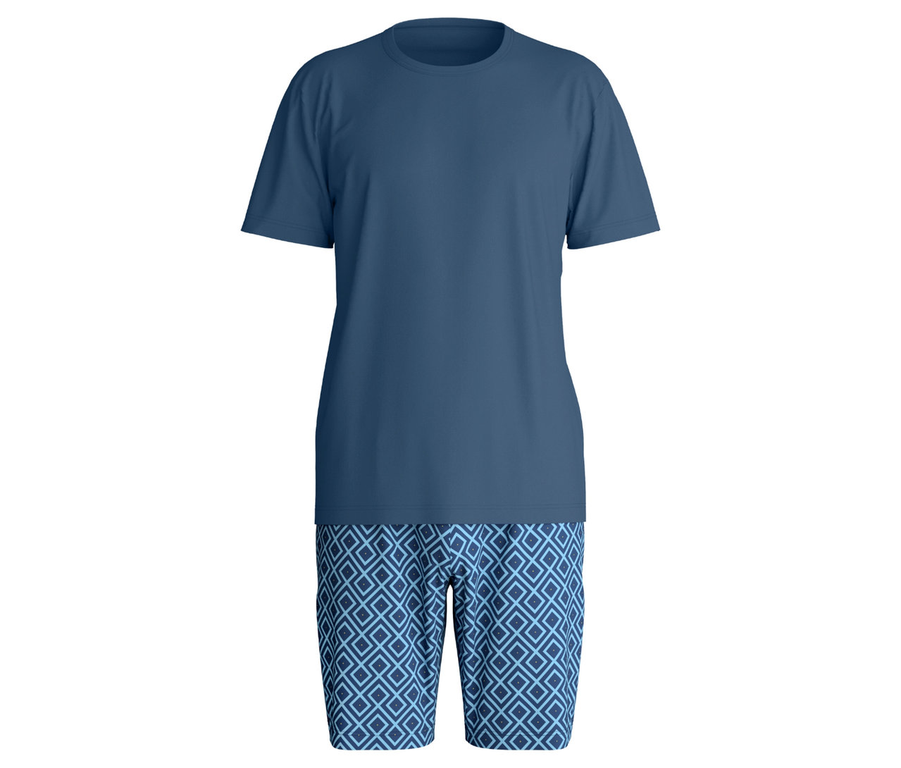 Niebieski zestaw piżamy składający się z T-shirtu i szortów z geometrycznym wzorem.