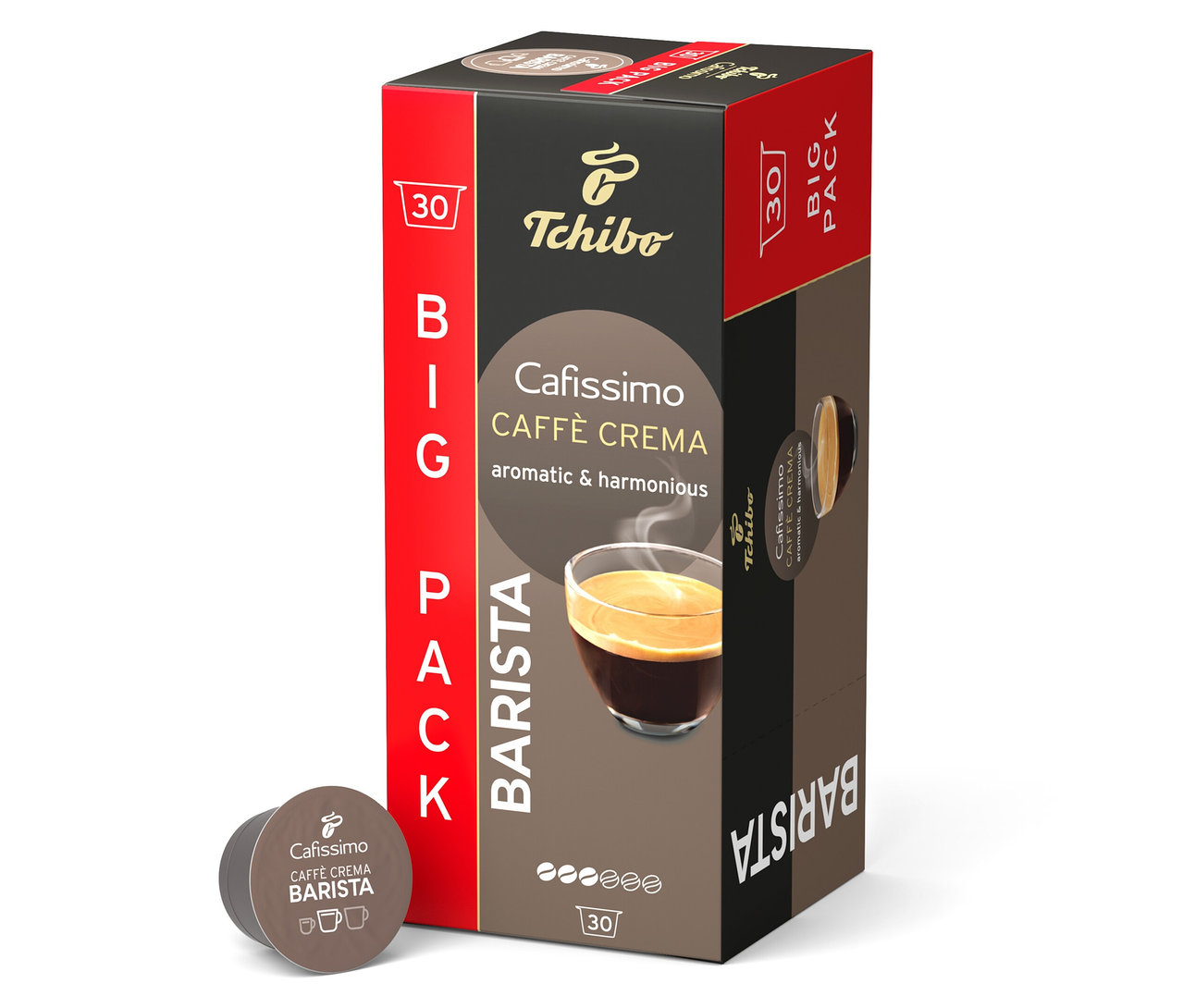 Paczka kapsułek Tchibo Cafissimo Caffe Crema Barista stoi na białym tle.