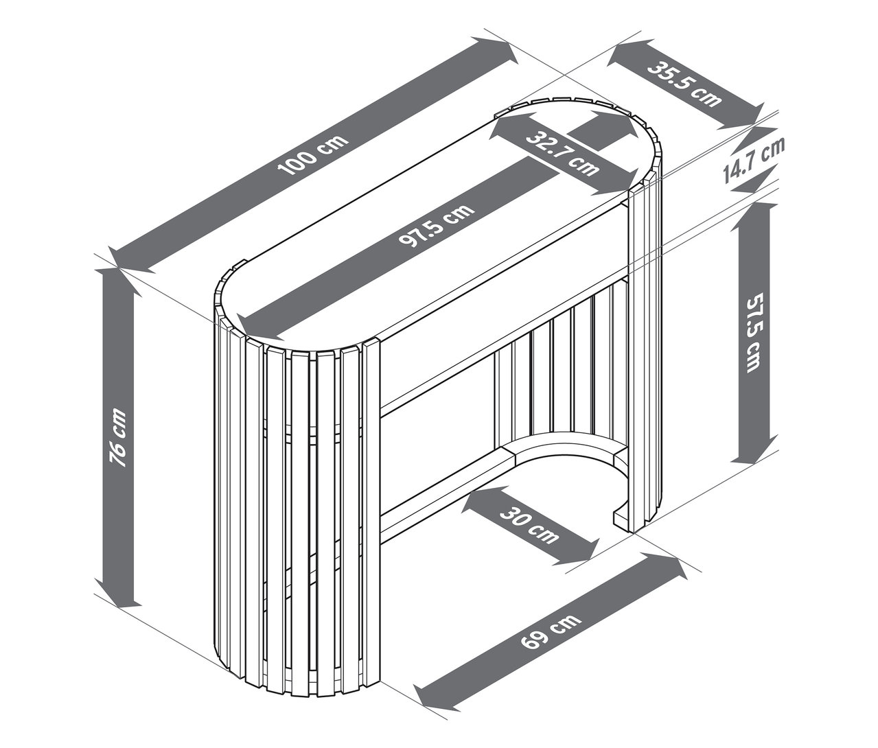 Widok z góry konsoli z bambusa z elementami lamelowymi i wymiarami w centymetrach.