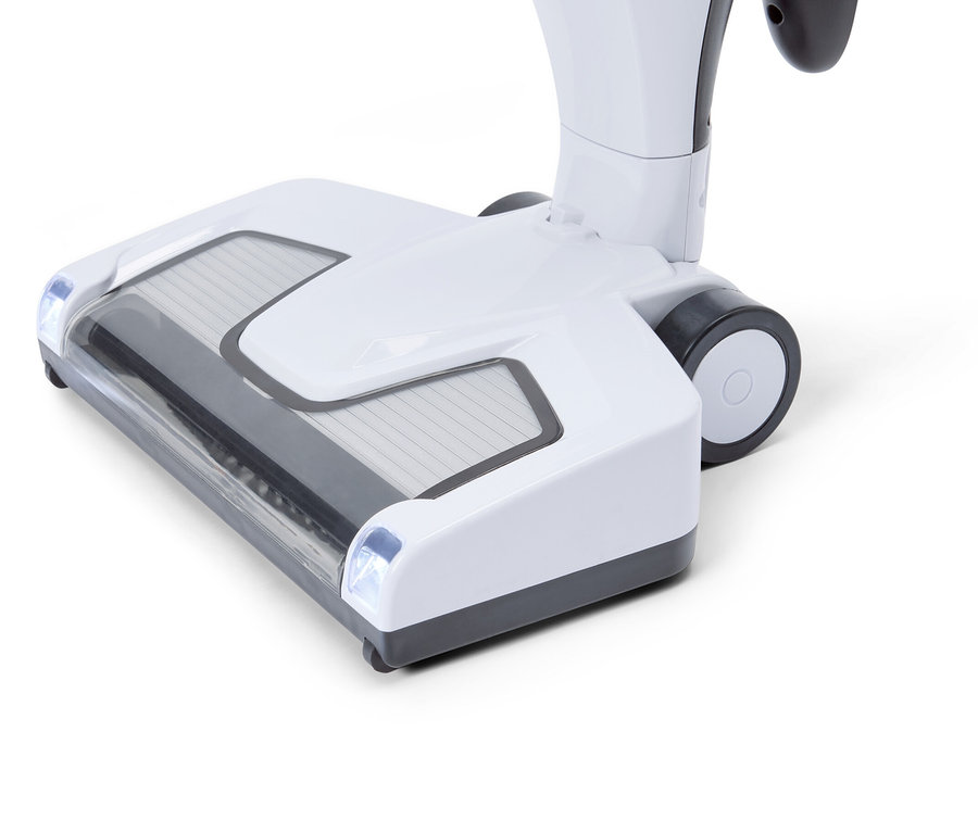 Szczegółowy widok głowicy odkurzacza w kolorze białym z szarymi akcentami na białym tle.