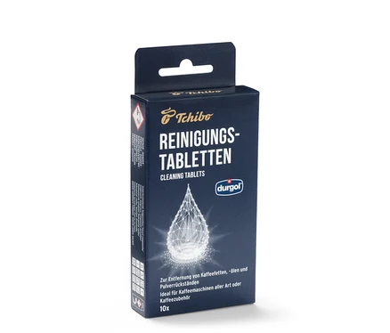Opakowanie tabletek czyszczących durgol® do usuwania olejów kawowych firmy Tchibo.