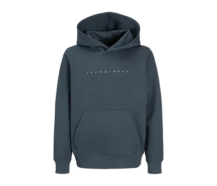 Ciemnoszara bluza z kapturem Jack&Jones Star z kapturem, kieszenią kangurką i białym logo Jack&Jones na piersi.