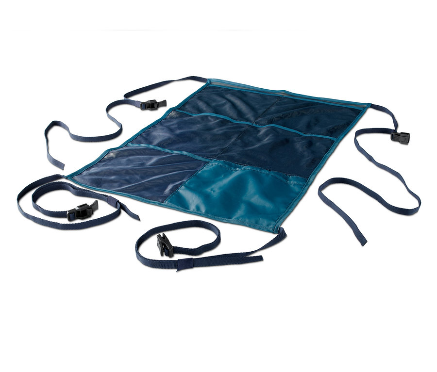 Niebieski organizer kempingowy i samochodowy z paskami i klamrami.