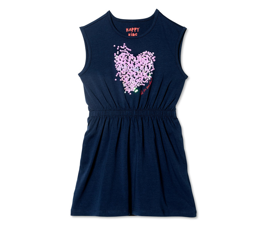 Granatowa sukienka dżersejowa z dwustronnymi cekinami w kształcie serca.