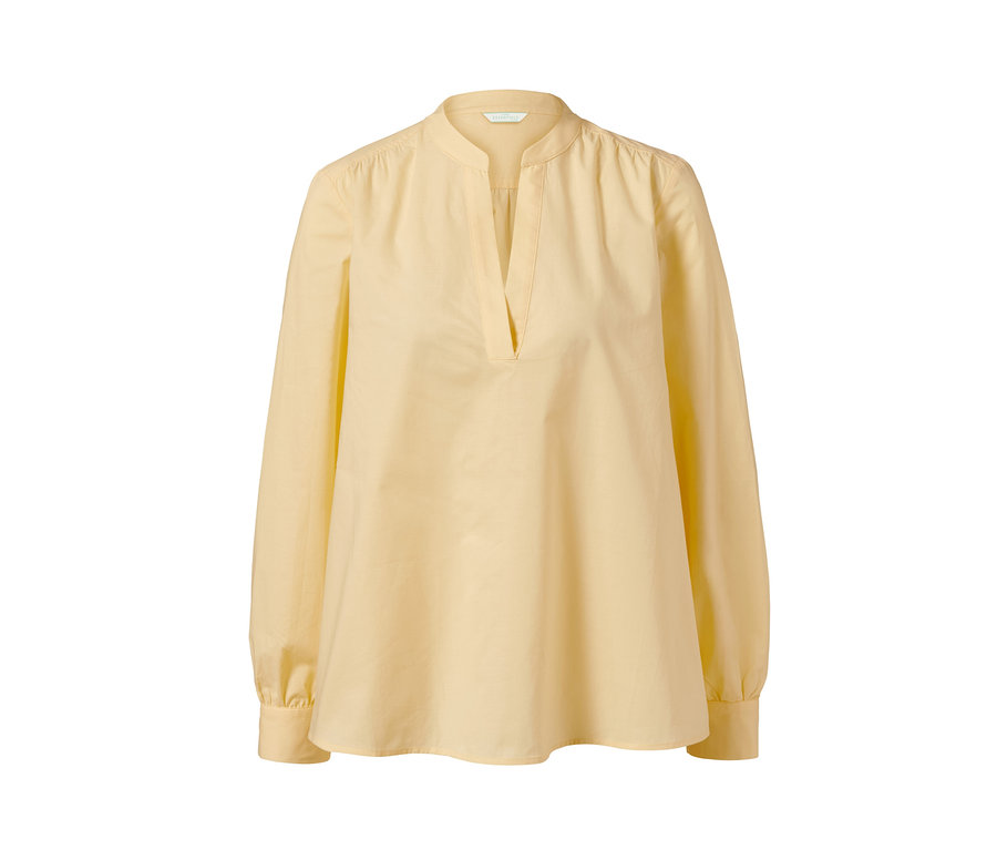 Żółta bluzka z popeliny z długimi rękawami i dekoltem w serek.