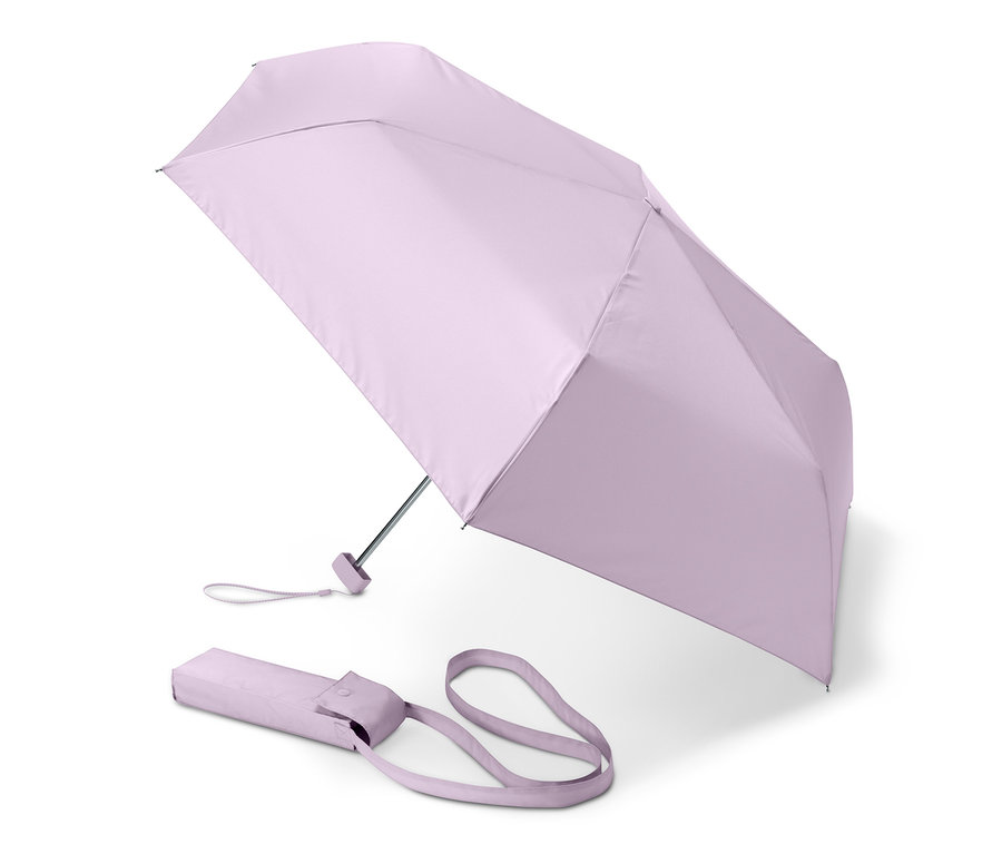 Otwarty, jasnofioletowy parasol kieszonkowy z pokrowcem i paskiem do noszenia.