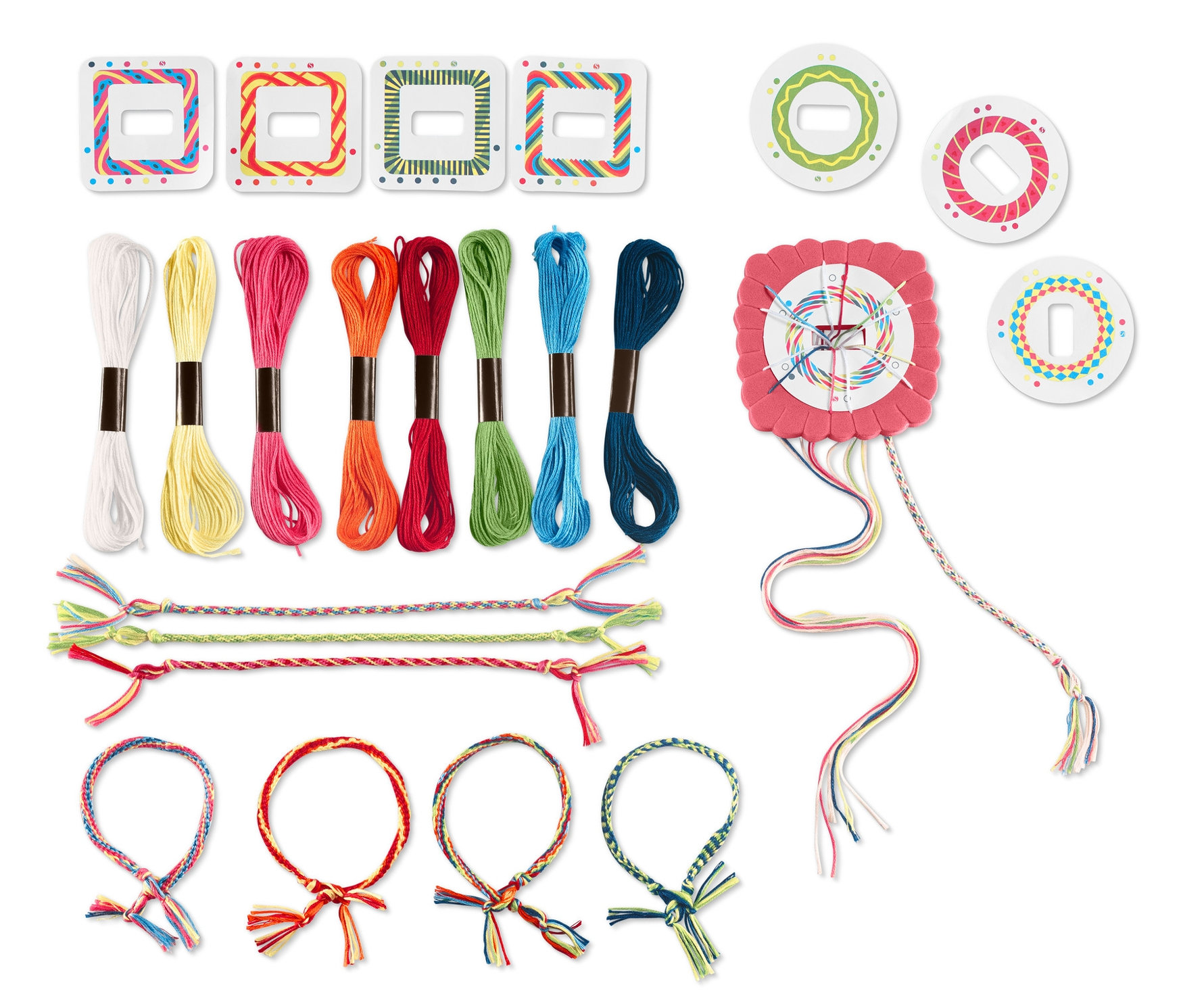 Zestaw kreatywny »Bransoletki przyjaźni« z kolorowymi bawełnianymi nićmi i akcesoriami.
