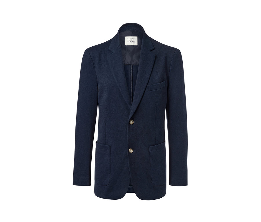 Granatowa marynarka z guzikami i kieszeniami.