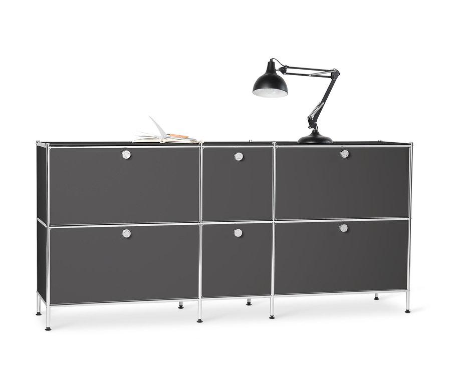 Szara metalowa szafka typu sideboard »CN3« duża, z 6 komorami z klapami.