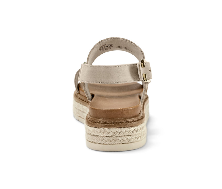Widok z tyłu skórzanych sandałów na platformie z beżowymi paskami i jutową platformą.