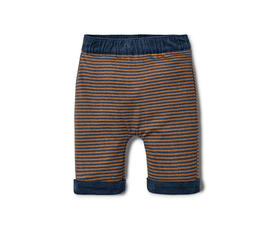 Dwustronne spodnie z gumką w brązowe i granatowe paski.