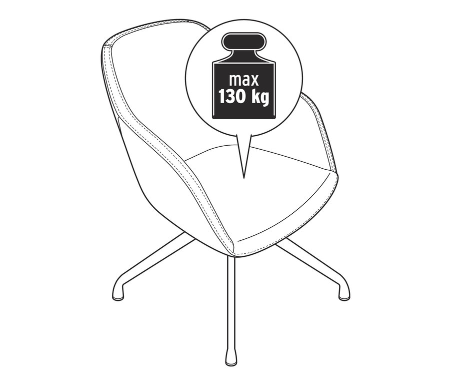 Ilustracja obrotowego fotela ze sztucznej skóry z wyściełanym siedziskiem i maksymalnym obciążeniem 130 kg.