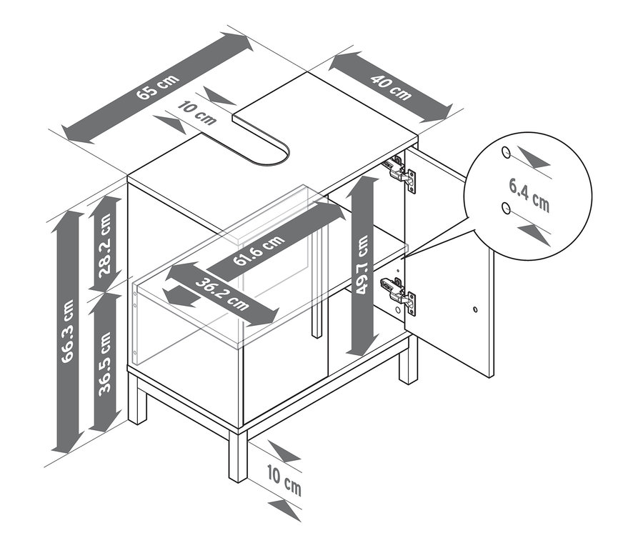 Rysunek białej szafki pod umywalkę »Eklund« z wymiarami.