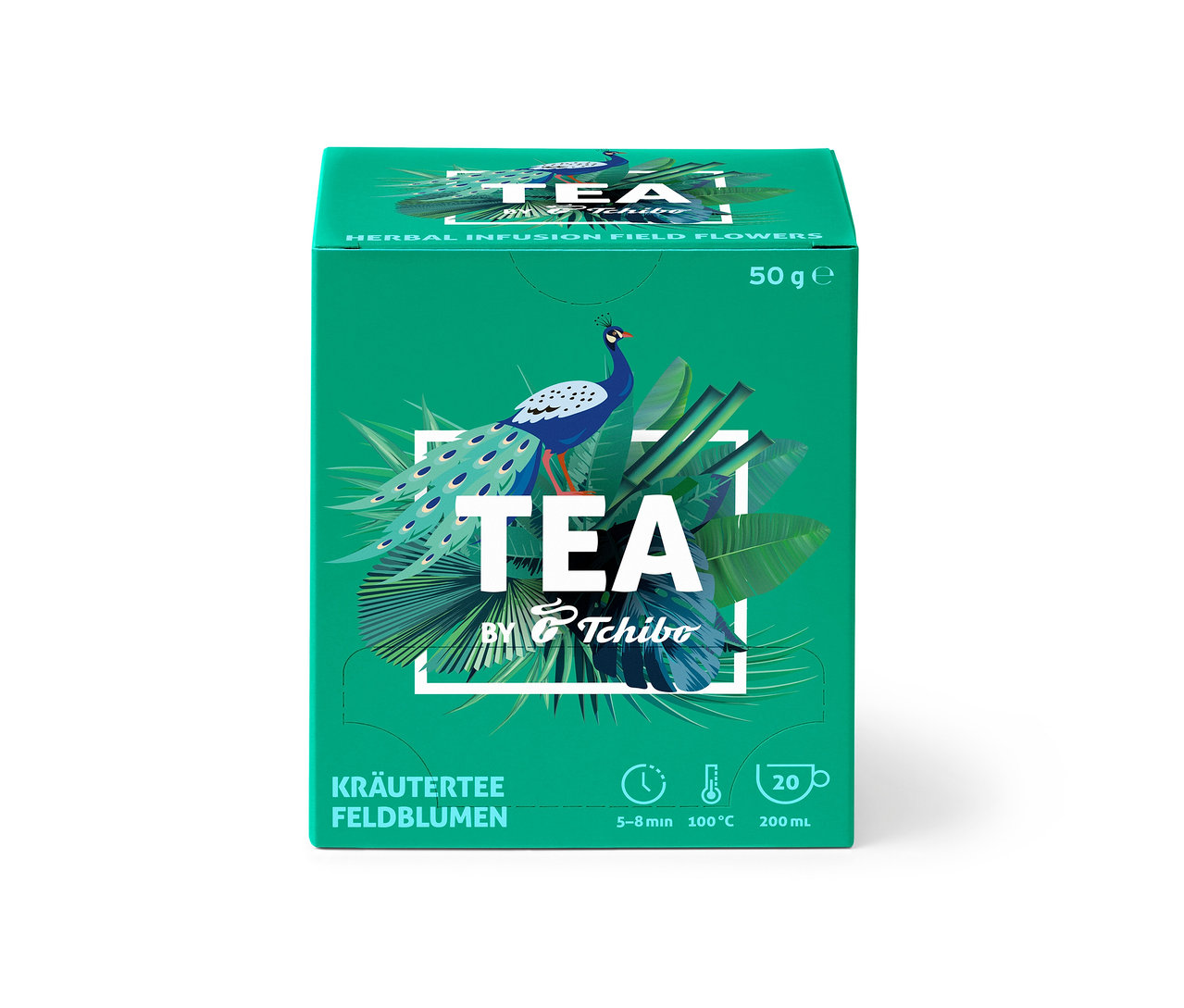 Zielone opakowanie TEA by Tchibo herbata ziołowa: kwiaty polne - 8x 20 torebek z grafiką pawia.