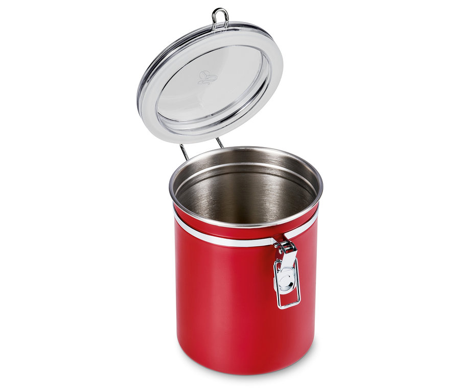 Czerwona puszka zatrzymująca zapach z otwartym wieczkiem.