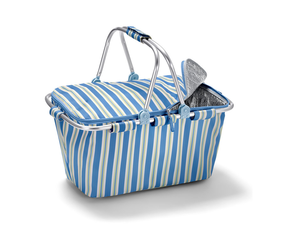 Pasiasty koszyk termiczny z aluminiowym uchwytem i częściowo otwartą pokrywą.