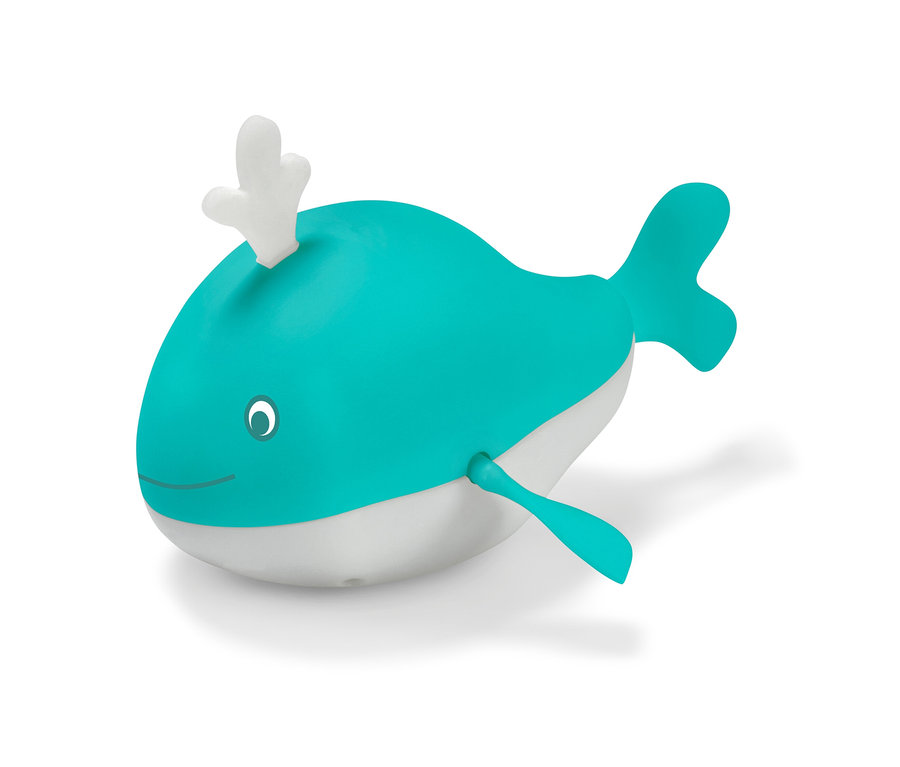 Turkusowo-biały nakręcany wieloryb, zabawka do kąpieli.