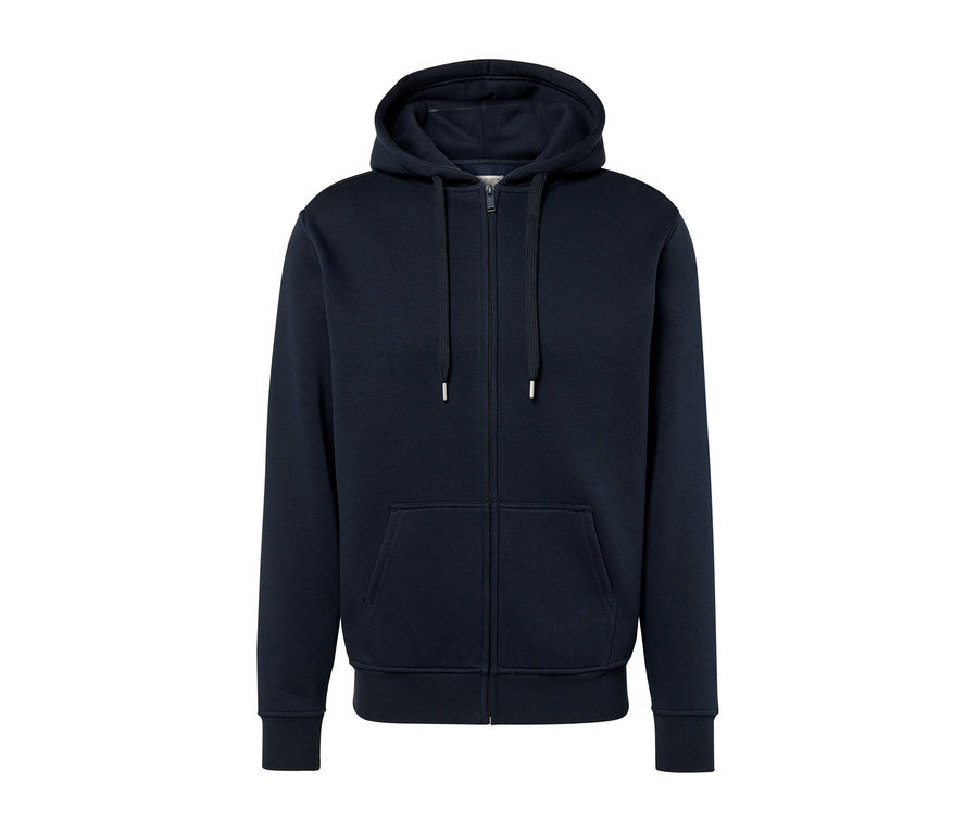 Granatowa rozpinana bluza z kapturem zapinana na zamek błyskawiczny pośrodku.