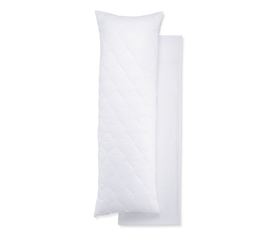 Dwie białe poduszki dla osób śpiących na boku, jedna pikowana.