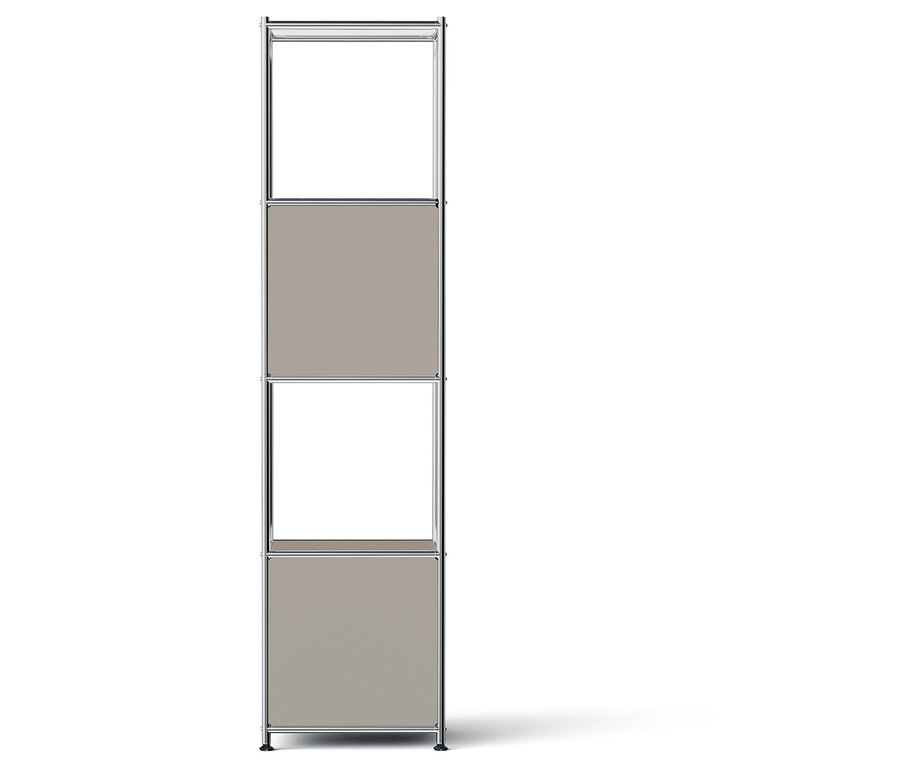 Czteropoziomowa półka z szarymi szufladami i srebrną ramą.