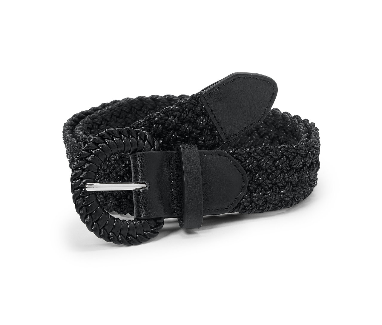 Czarny, pleciony pasek ze sztucznej rafii z klamrą.