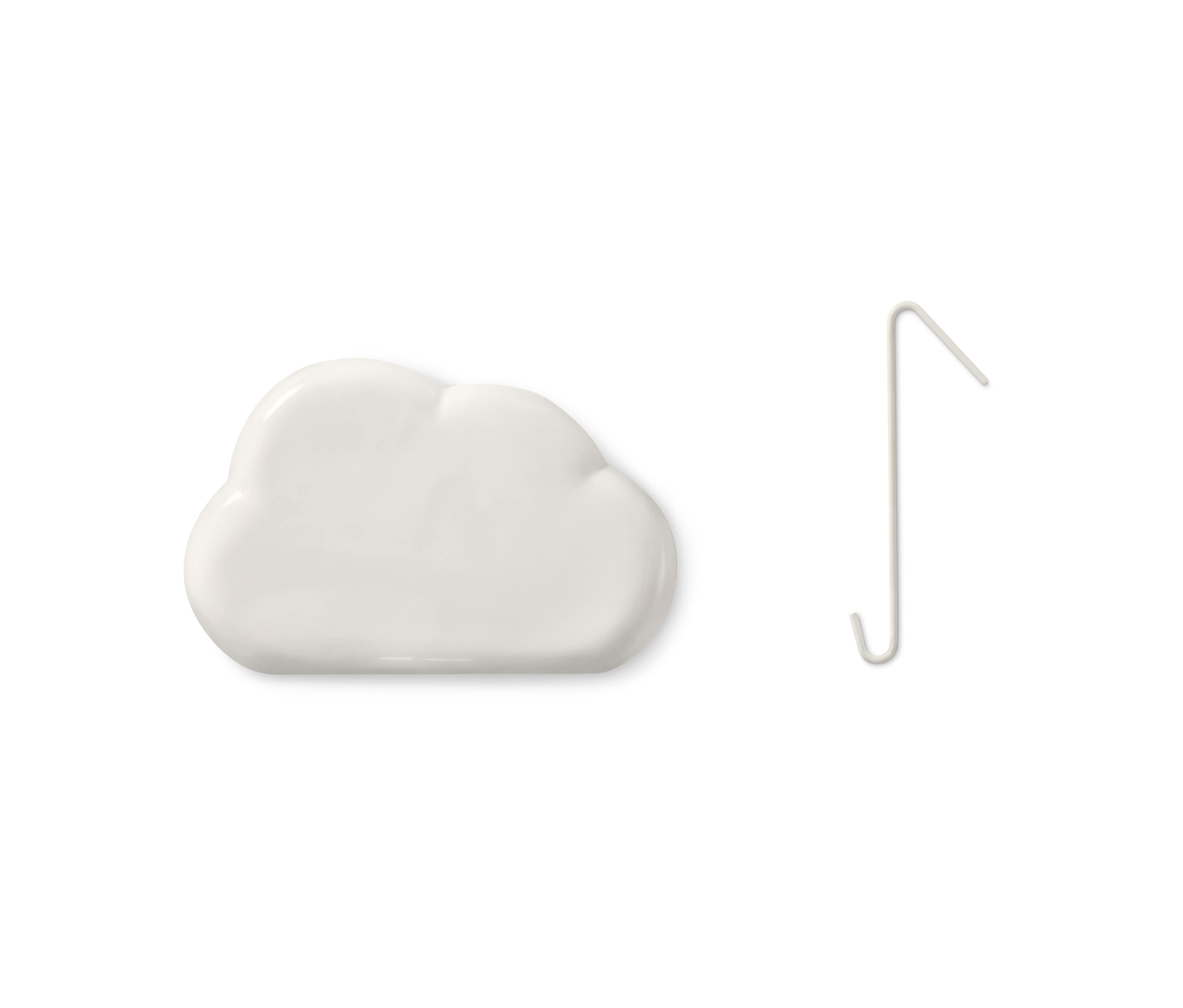 Biały nawilżacz powietrza na kaloryfer w kształcie chmury obok metalowego haczyka.