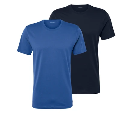 Dwa T-shirty, jeden niebieski i jeden granatowy, leżą obok siebie.
