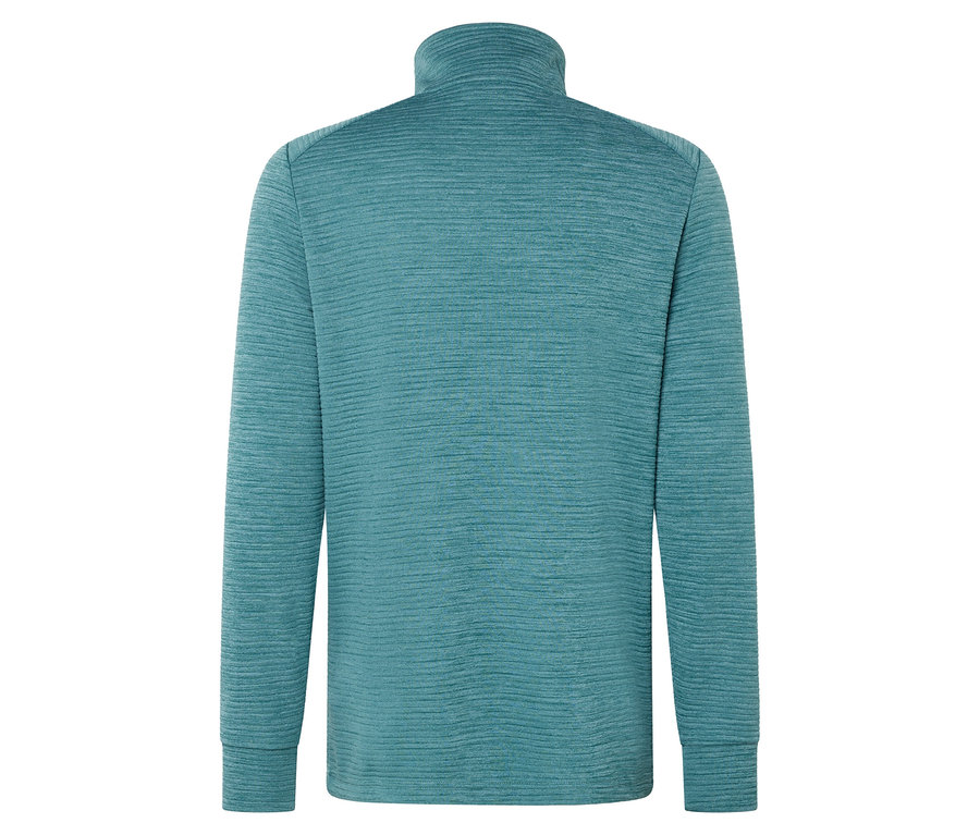 Widok z tyłu turkusowej koszuli z długim rękawem i wysokim kołnierzem.