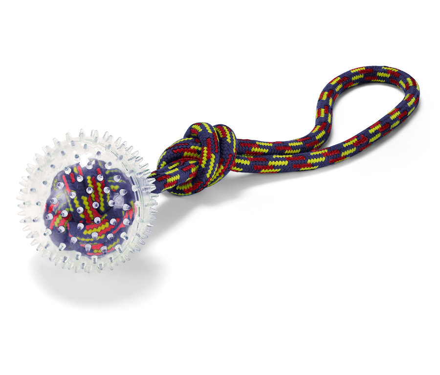 Zabawka dla psa z przezroczystą kulką i kolorową liną.
