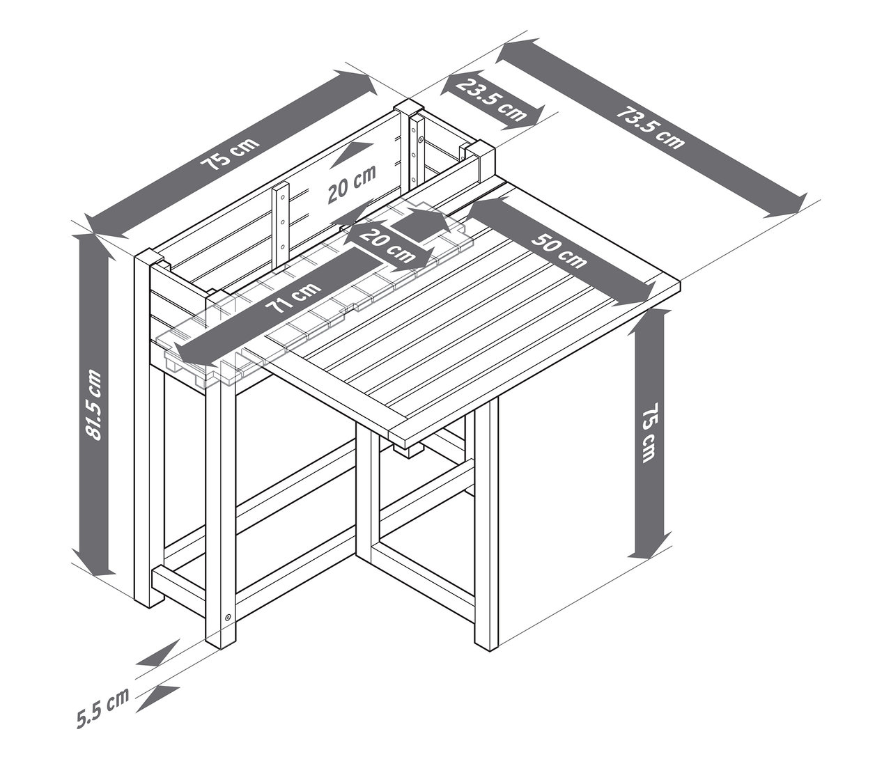 Szczegółowy schematyczny rysunek stołu ogrodowego z nadstawką na rośliny i wymiarami w centymetrach.