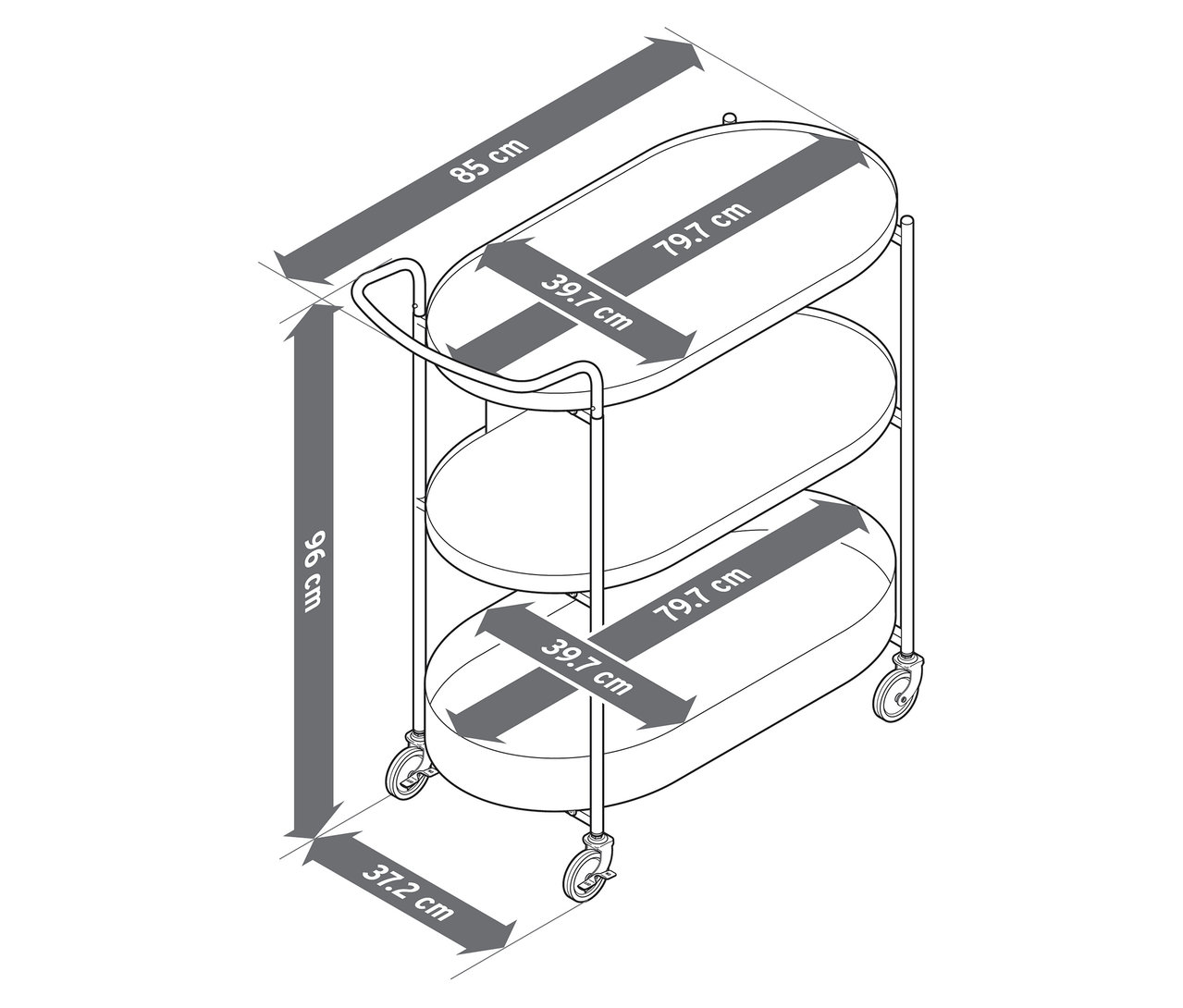 Ilustracja wózka kuchennego z tacą, zawierająca informacje o wymiarach.