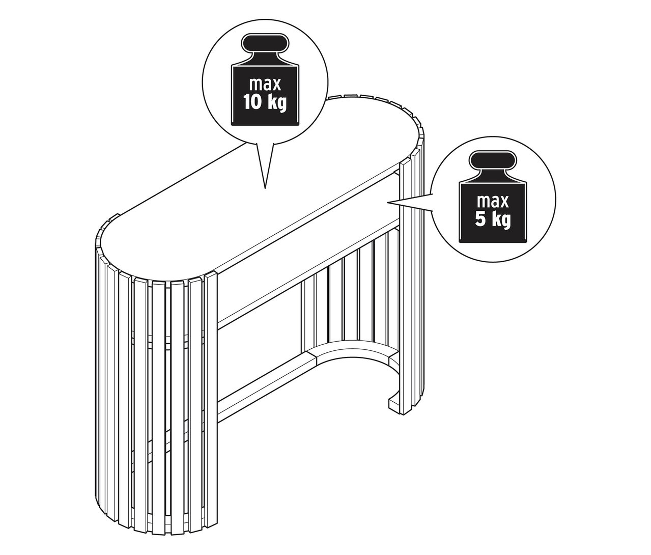 Szkic konsoli z bambusa z elementami lamelowymi i wagą maksymalną.