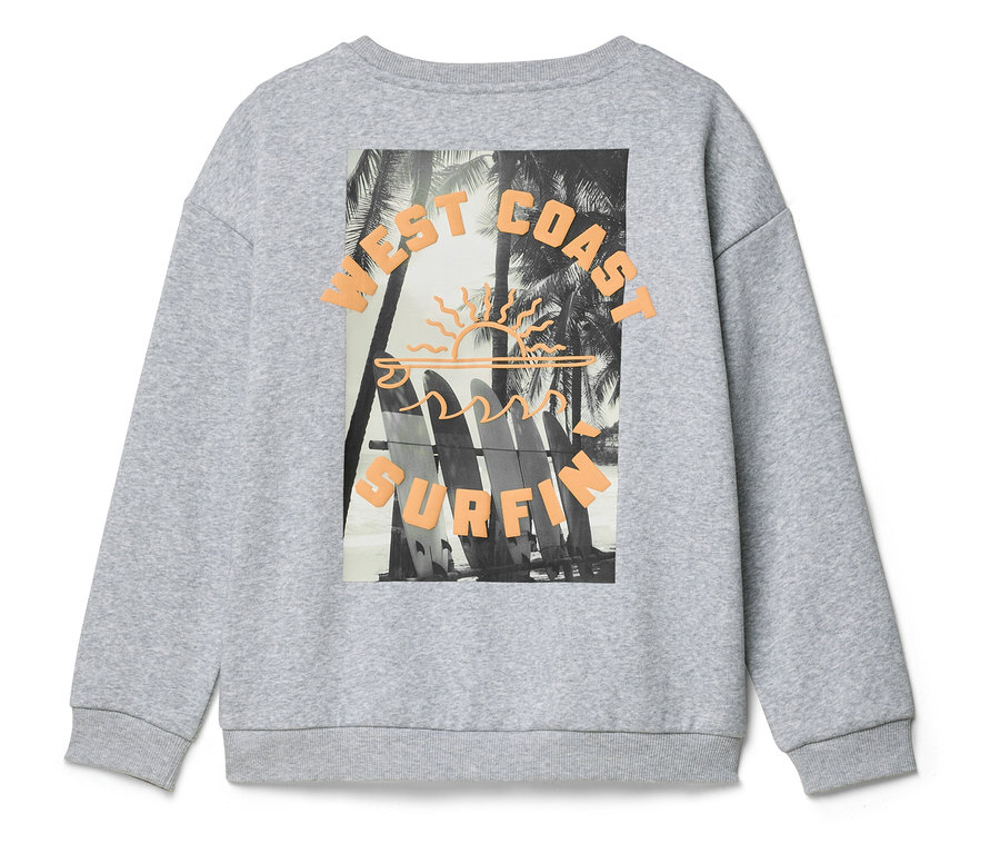 Szara bluza z nadrukiem desek surfingowych, palm i napisem 'West Coast Surfing' na plecach.