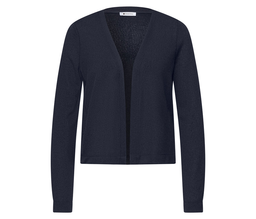 Zbliżenie na granatowy kardigan Street One, rozłożony na białym tle.