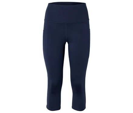 Granatowe legginsy Capri z wysokim stanem i kieszeniami bocznymi.