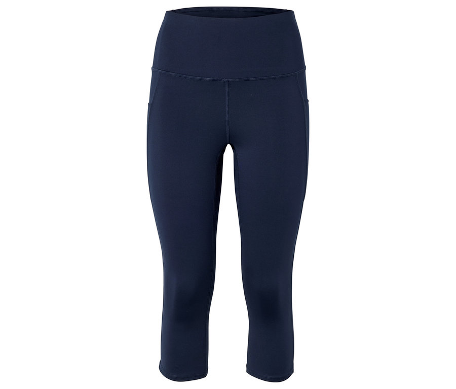 Granatowe legginsy Capri z wysokim stanem i kieszeniami bocznymi.