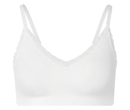Biały, prążkowany biustonosz typu bralette z koronką i regulowanymi ramiączkami na białym tle.
