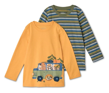Dwa dziecięce T-shirty z długim rękawem: jeden musztardowy z nadrukiem autobusu, drugi w paski w odcieniach zieleni, niebieskiego i szarego.