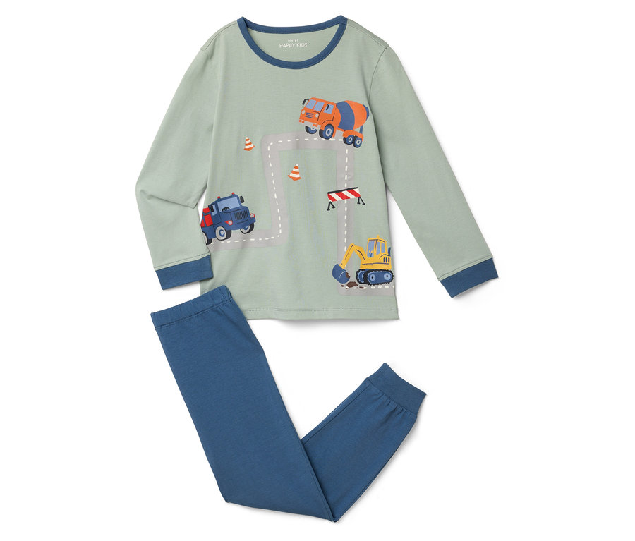 Miętowy piżama z niebieskimi ściągaczami i nadrukiem pojazdów budowlanych i drogi.