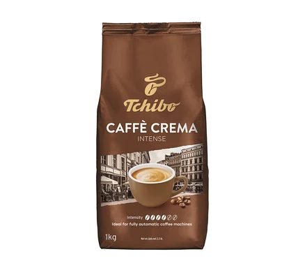 Brązowa paczka kawy ziarnistej Caffè Crema Intense firmy Tchibo z ilustracją filiżanki kawy.