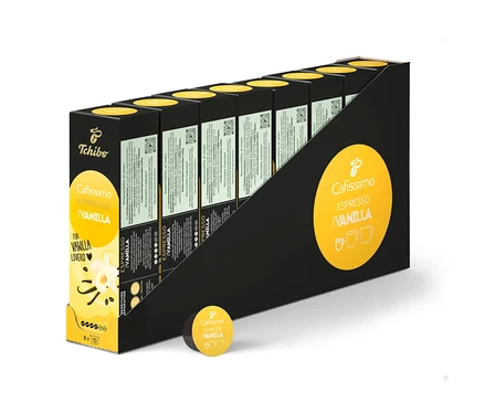 W czarnym opakowaniu znajduje się kilka opakowań Cafissimo Flavoured Espresso – Vanilla – 80 kapsułek.